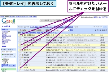 ラベルを付けたいメールにチェックを付ける,［受信トレイ］を表示しておく