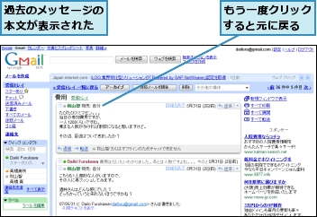 もう一度クリックすると元に戻る,過去のメッセージの本文が表示された