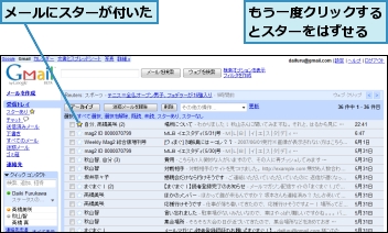 もう一度クリックするとスターをはずせる,メールにスターが付いた