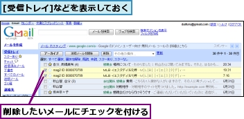 [受信トレイ]などを表示しておく,削除したいメールにチェックを付ける