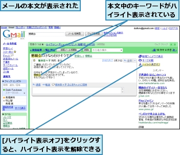 [ハイライト表示オフ]をクリックすると、ハイライト表示を解除できる,メールの本文が表示された,本文中のキーワードがハイライト表示されている