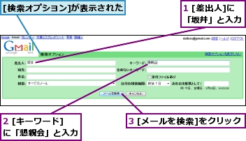 1 [差出人]に「坂井」と入力,2 [キーワード]に「懇親会」と入力,3 [メールを検索]をクリック,[検索オプション]が表示された