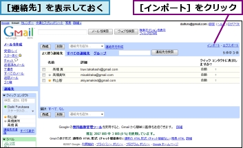 ［インポート］をクリック,［連絡先］を表示しておく