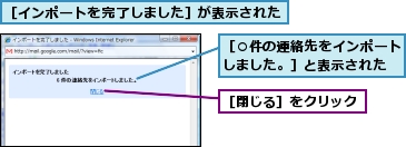［○件の連絡先をインポートしました。］と表示された,［インポートを完了しました］が表示された,［閉じる］をクリック