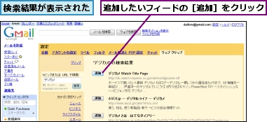 検索結果が表示された,追加したいフィードの［追加］をクリック