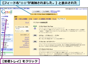 ［フィード名“○○”が追加されました。］と表示された,［受信トレイ］をクリック