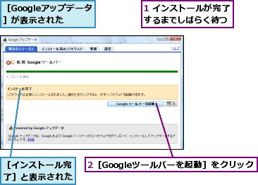 1 インストールが完了するまでしばらく待つ,2［Googleツールバーを起動］をクリック,［Googleアップデータ］が表示された,［インストール完了］と表示された