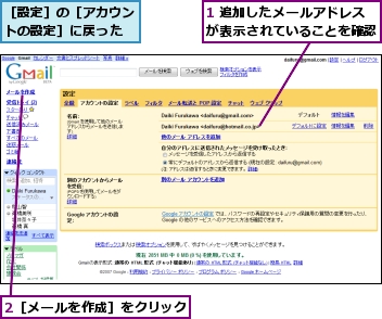 1 追加したメールアドレスが表示されていることを確認,2［メールを作成］をクリック,［設定］の［アカウントの設定］に戻った