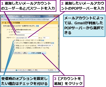 1 追加したいメールアカウントのユーザー名とパスワードを入力,2 追加したいメールアカウントのPOPサーバーを入力,3［アカウントを追加］をクリック,メールアカウントによっては、Gmailが判断したPOPサーバーから選択できる,受信時のオプションを設定したい場合はチェックを付ける