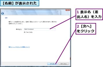 1 表示名（差出人名）を入力,2［次へ］をクリック,［名前］が表示された