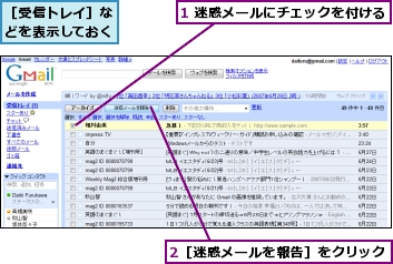 1 迷惑メールにチェックを付ける,2［迷惑メールを報告］をクリック,［受信トレイ］などを表示しておく