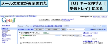 メールの本文が表示された,［U］キーを押すと［受信トレイ］に戻る