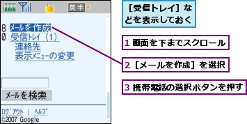 1 画面を下までスクロール,2［メールを作成］を選択,3 携帯電話の選択ボタンを押す,［受信トレイ］などを表示しておく