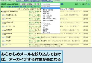 あらかじめメールを絞り込んでおけば、アーカイブする作業が楽になる