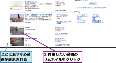 2 再生したい動画のサムネイルをクリック,ここにおすすめ動画が表示される