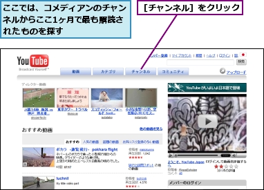 ここでは、コメディアンのチャンネルからここ1ヶ月で最も購読されたものを探す,［チャンネル］をクリック