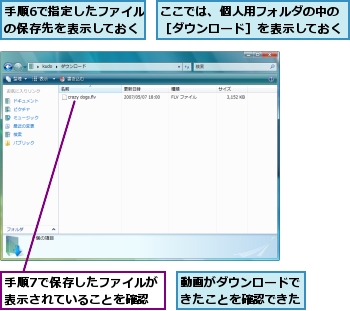 ここでは、個人用フォルダの中の［ダウンロード］を表示しておく,動画がダウンロードできたことを確認できた,手順6で指定したファイルの保存先を表示しておく,手順7で保存したファイルが表示されていることを確認