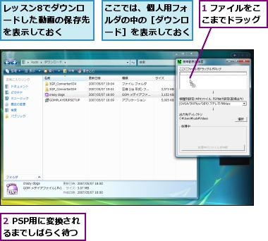 1 ファイルをここまでドラッグ,2 PSP用に変換されるまでしばらく待つ,ここでは、個人用フォルダの中の［ダウンロード］を表示しておく,レッスン8でダウンロードした動画の保存先を表示しておく