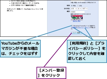 YouTubeからのメールマガジンが不要な場合は、チェックをはずす,［メンバー登録］をクリック,［利用規約］と［プライバシーポリシー］をクリックして内容を確認しておく