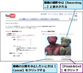 動画の公開を中止したいときは［Cancel］をクリックする,動画の撮影中は［Recording...］と表示される,［Finish＆Exit］をクリック