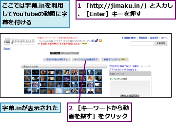 1 「http://jimaku.in/」と入力し、［Enter］キーを押す,2 ［キーワードから動画を探す］をクリック,ここでは字幕.inを利用してYouTubeの動画に字幕を付ける,字幕.inが表示された