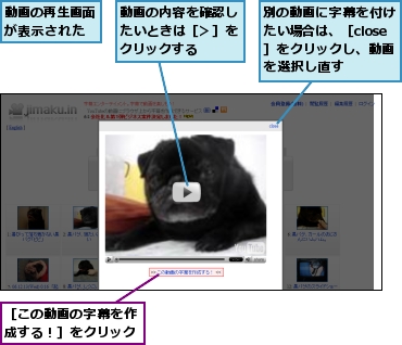 別の動画に字幕を付けたい場合は、［close］をクリックし、動画を選択し直す,動画の内容を確認したいときは［＞］をクリックする,動画の再生画面が表示された,［この動画の字幕を作成する！］をクリック