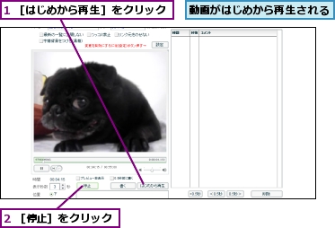 1 ［はじめから再生］をクリック,2 ［停止］をクリック,動画がはじめから再生される