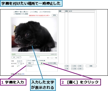 1 字幕を入力,2 ［書く］をクリック,入力した文字が表示される,字幕を付けたい場所で一時停止した