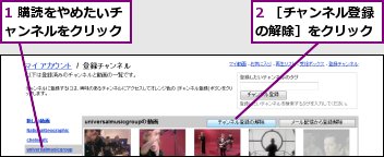 1 購読をやめたいチャンネルをクリック,2 ［チャンネル登録の解除］をクリック