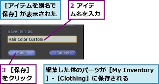 2 アイテム名を入力,3 ［保存］をクリック,編集した体のパーツが［My Inventory］-［Clothing］に保存される,［アイテムを別名で保存］が表示された