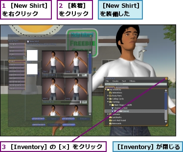 1 ［New Shirt］を右クリック,2 ［装着］をクリック,3 ［Inventory］の［×］をクリック,［Inventory］が閉じる,［New Shirt］を装備した