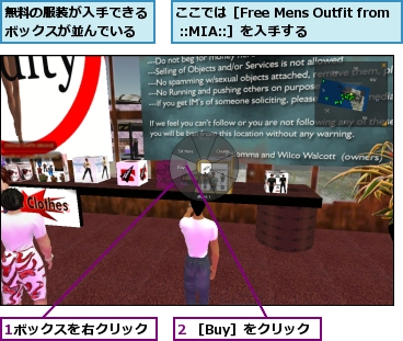 1ボックスを右クリック,2 ［Buy］をクリック,ここでは［Free Mens Outfit from ::MIA::］を入手する,無料の服装が入手できるボックスが並んでいる
