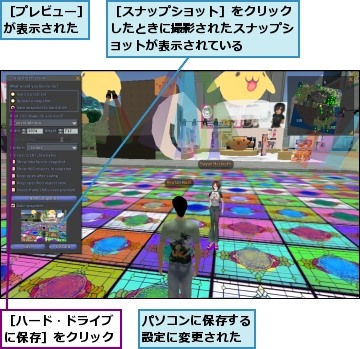 パソコンに保存する設定に変更された,［スナップショット］をクリックしたときに撮影されたスナップショットが表示されている,［ハード・ドライブに保存］をクリック,［プレビュー］が表示された
