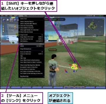 1 ［Shift］キーを押しながら連結したいオブジェクトをクリック,2 ［ツール］メニューの［リンク］をクリック,オブジェクトが連結される