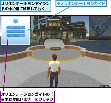 オリエンテーションアイランドの中心部に移動しておく,オリエンテーションガイドの［日本語が話せます］をクリック