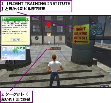 1 ［FLIGHT TRAINING INSTITUTE］と書かれたビルまで移動,2 ターゲット（赤い丸）まで移動