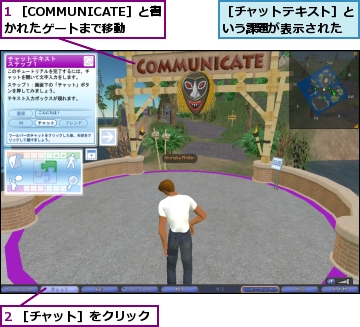 1 ［COMMUNICATE］と書かれたゲートまで移動,2 ［チャット］をクリック,［チャットテキスト］という課題が表示された