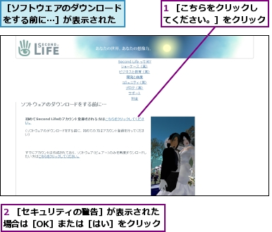 1 ［こちらをクリックしてください。］をクリック,2 ［セキュリティの警告］が表示された場合は［OK］または［はい］をクリック,［ソフトウェアのダウンロードをする前に…］が表示された