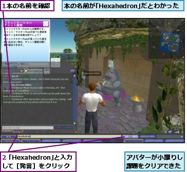 1本の名前を確認,2 ｢Hexahedron｣と入力して［発言］をクリック,アバターが小躍りし課題をクリアできた,本の名前が｢Hexahedron｣だとわかった