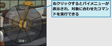 右クリックするとパイメニューが表示され、対象に合わせたコマンドを実行できる