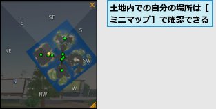 土地内での自分の場所は［ミニマップ］で確認できる