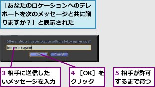 3 相手に送信したいメッセージを入力,4 ［OK］をクリック,5 相手が許可するまで待つ,［あなたのロケーションへのテレポートを次のメッセージと共に贈りますか？］と表示された