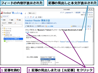 1 記事を読む,2 記事の見出しまたは［元記事］をクリック,フィードの内容が表示された,記事の見出しと本文が表示された