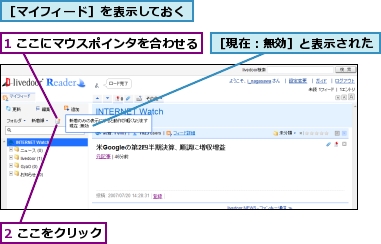 1 ここにマウスポインタを合わせる,2 ここをクリック,［マイフィード］を表示しておく,［現在：無効］と表示された