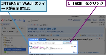 1 ［追加］をクリック,INTERNET Watch のフィードが表示された