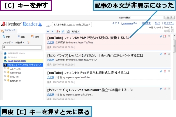 再度［C］キーを押すと元に戻る,記事の本文が非表示になった,［C］キーを押す