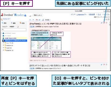 先頭にある記事にピンが付いた,再度［P］キーを押すとピンをはずせる,［O］キーを押すと、ピンを付けた記事が新しいタブで表示される,［P］キーを押す