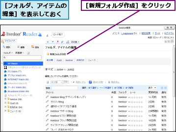 ［フォルダ、アイテムの編集］を表示しておく,［新規フォルダ作成］をクリック