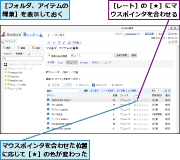 マウスポインタを合わせた位置に応じて［★］の色が変わった,［フォルダ、アイテムの編集］を表示しておく,［レート］の［★］にマウスポインタを合わせる