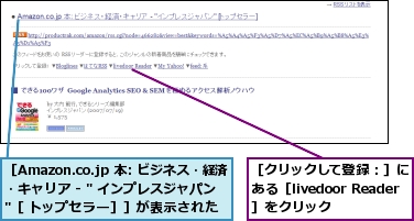 ［Amazon.co.jp 本: ビジネス・経済・キャリア - " インプレスジャパン"［ トップセラー］］が表示された,［クリックして登録：］にある［livedoor Reader］をクリック